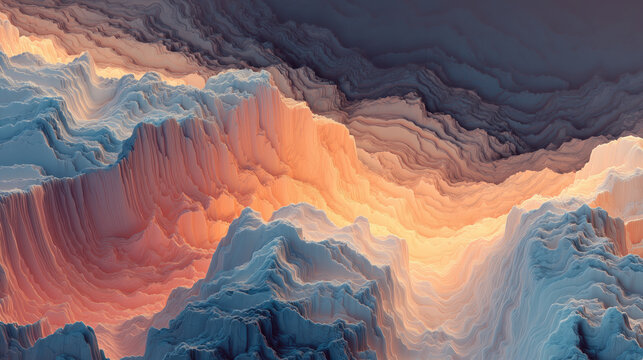 Abstract Layered Topographic Landscape with Flowing Contours and Glowing Light in Blue and Orange Tones