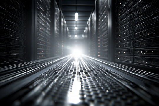Dramatic - low-angle shot of a high-density server rack filled