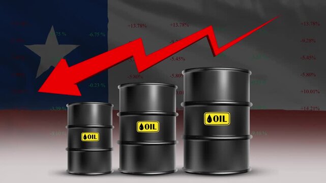 Chile flag with oil barrels and red downward arrow falling crude prices economic decline