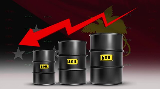 Papua New Guinea flag with oil barrels and red arrow falling crude prices