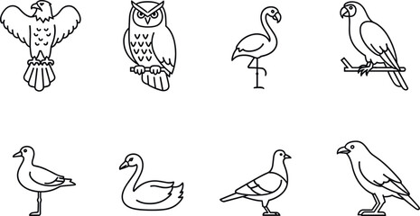 Obraz premium Bird outline vector icon set with eagle owl flamingo parrot swan pigeon seagull in minimal line illustration style