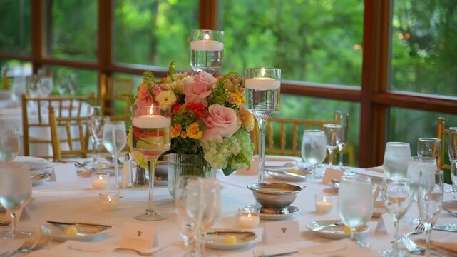 View of lighting candle at elegant wedding table setup. Close up of hand lighting candle near floral centerpiece and table decor.