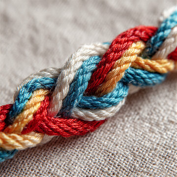 Five-color blessing bracelet of silk on linen. Macro still life with studio lighting. Shallow depth of field with negative space. For Dragon Boat Festival or New Year marketing. 8K high quality photo