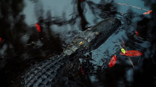 Overhead aerial view of alligator swimming away through South Carolina wetlands
