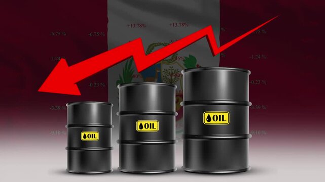 Peru Flag with Oil Barrels and Red downward Arrow Rising Crude Prices Economic Growth