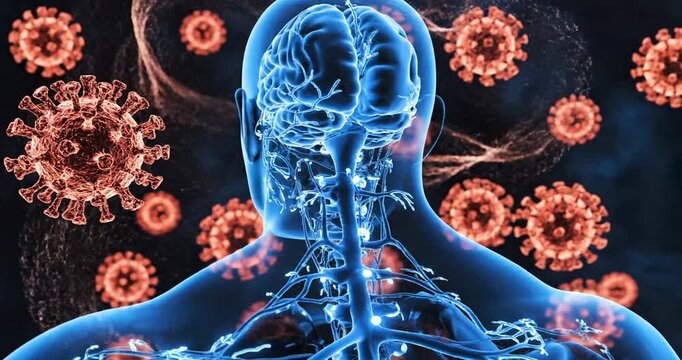 Illustration of the human body with a focus on the respiratory system and viruses in the background