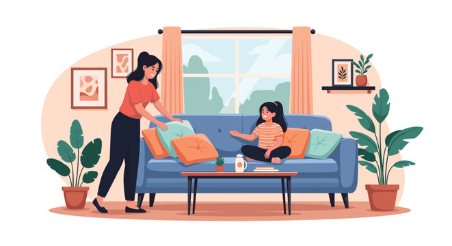 Caring mother and her young daughter bonding while decorating their living room by arranging colorful cushions on a blue sofa.