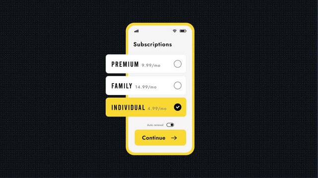 Subscription plans animation with pricing options switching in mobile app interface. SaaS pricing model and subscription workflow. Smooth loop motion for billing screens. motion graphic animation