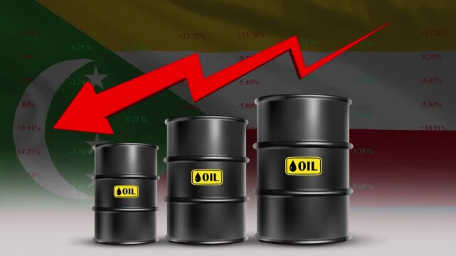 Comoros Flag with Oil Barrels and Red Downward Arrow Falling Crude Prices Economic Decline