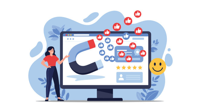 Digital marketing concept showing a magnet on a computer screen attracting social media likes hearts and positive user feedback ratings.