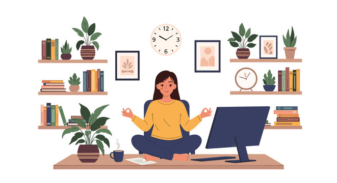 Relaxed woman practicing meditation and mindfulness at her home office desk to reduce stress and improve productivity in a calm environment.