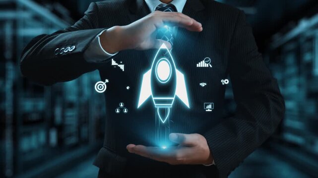 A businessman in a suit holds a glowing rocket icon amidst technology symbols, representing innovation and success in a modern digital environment. Qubit