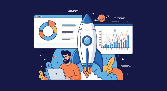 Entrepreneur working on a laptop with a rocket ship taking off in the background and business data charts for a successful startup launch.