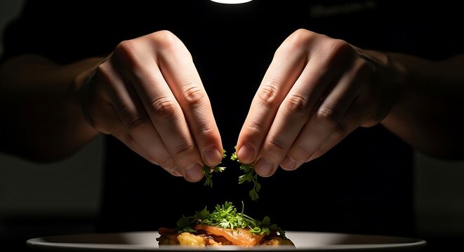 Chef's Hands Garnishing Gourmet Dish with Fresh Herbs in Dark Kitchen