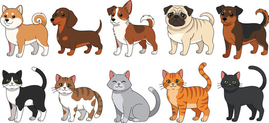 Obraz premium Cute Cartoon Dogs and Cats Breeds Set for Pet Illustration, Animal Design, and Domestic Pet Lovers Collection