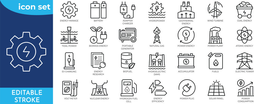 Power Energy line editable icon set. Editable stroke.