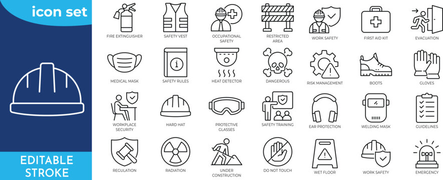 Work safety line editable icon set. editable stroke. Containing workplace security, Safety first, hard hat, insurance, first aid kit, risk management, regulation, and more.