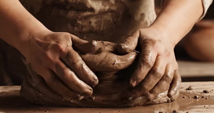 Hands expertly shaping clay on a pottery wheel in a serene studio environment