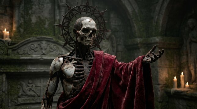 A skeletal figure with a thorny halo and draped in red fabric stands in a moss-covered stone crypt with lit candles.
