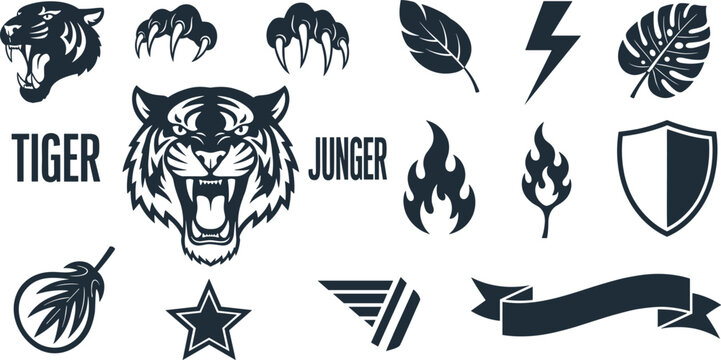 Tiger Jungle Silhouette Icons Set with Claw Shield Symbols