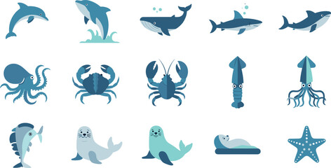 Blue marine animal icon set featuring dolphin whale shark octopus crab lobster squid seal starfish vector collection for ocean design © MDNUR