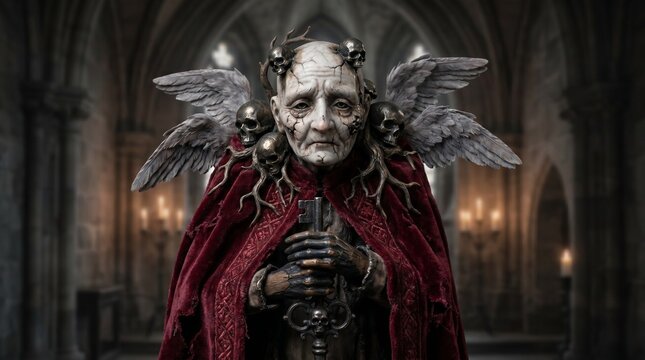 A skeletal, winged figure with skulls and branches adorns a red cloak, holding a large, ornate key in a dimly lit cathedral.