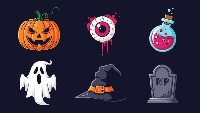 Collection of six pixel art Halloween icons including a carved pumpkin, a bloody eyeball, a purple potion, and a scary ghost.