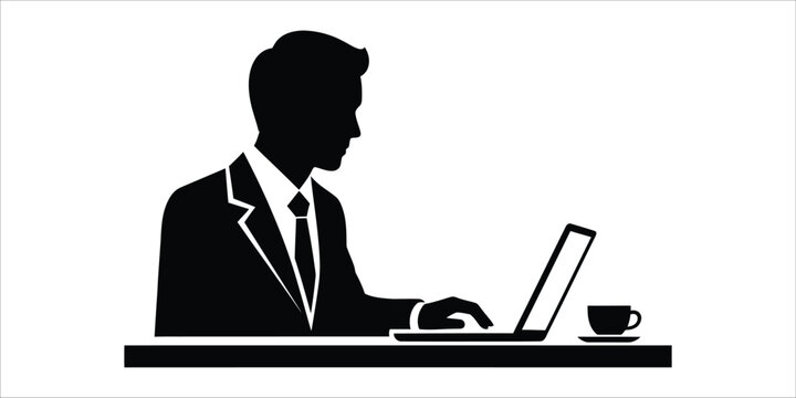 Businessman typing on laptop with coffee cup during workday Vector Illustration Isolated on white background