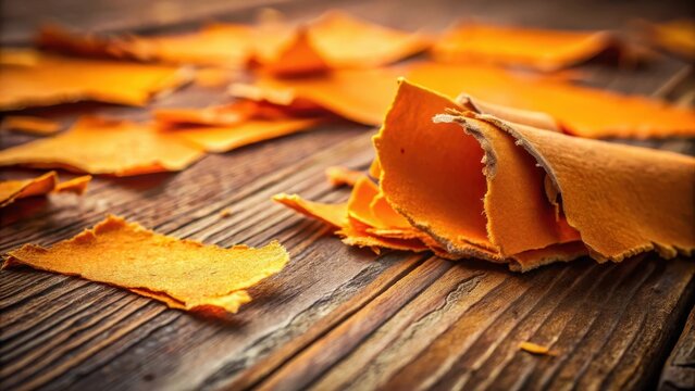 A photo of a torn orange construction paper sheet lying on a wooden floor, with frayed edges and scattered pieces, the vibrant color fading slightly d