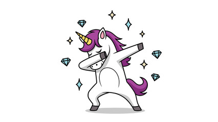 Fototapeta premium Magic white unicorn with purple hair doing a dabbing pose surrounded by blue diamonds and gold stars on a plain white background.