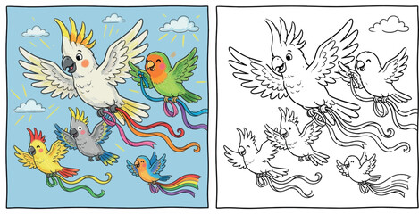 Colorful Birds Flying with Ribbons Coloring Page © Sumon555