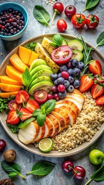 A photo of a plate divided into sections, each filled with a variety of healthy foods representing a balanced diet Brightly colored fruits and vegeta