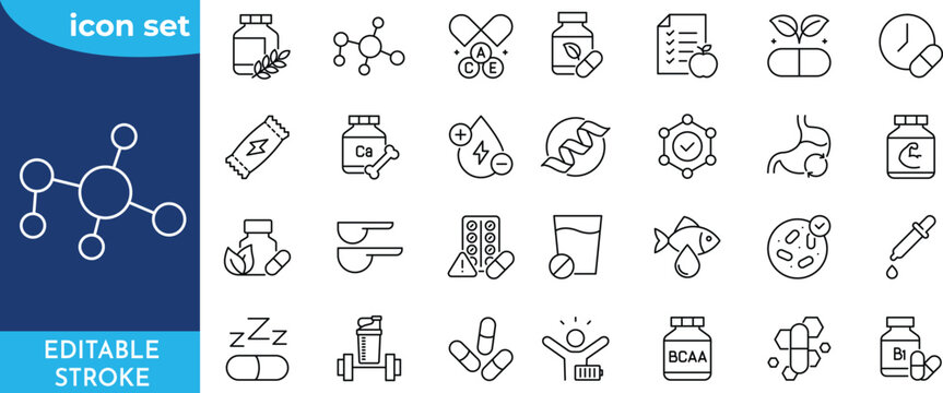 Supplement line icon set. Editable stroke. Containing vitamin, nutritional Supplements, capsule, protein, minerals, herbal, probiotic, antioxidant and more.