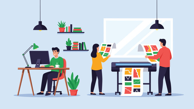 Creative team working in a modern design studio with people using computers and large format printers for graphic projects.