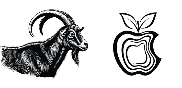 Black and white engraved goat head and stylized apple animal horns beard