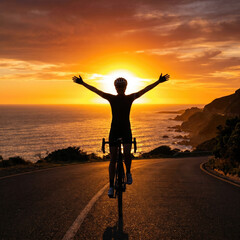 Fototapeta premium Cyclist Celebrates on Winding Road with Ocean View at Sunset