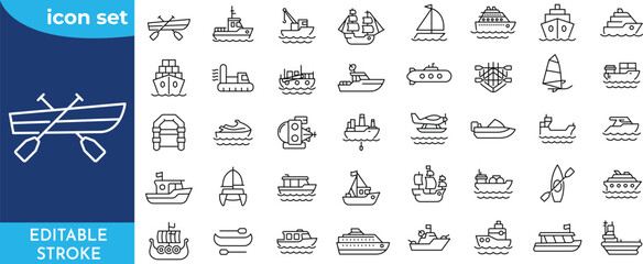 Water Transport line icon set. Editable stroke. Containing ship, yacht, cruise, cargo shipping, ferry, boat, and more. © murad