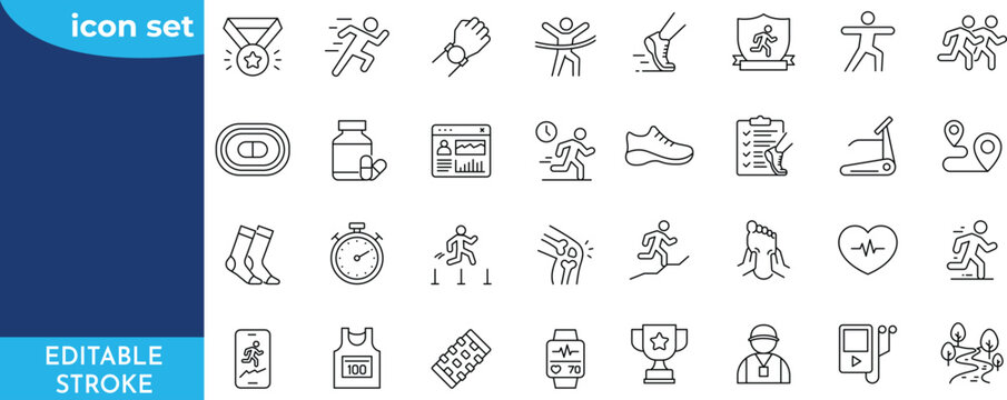 Running line icon set. Editable stroke. Contain icons related to Running sport, marathon, runner, race, finish line, treadmill and more.