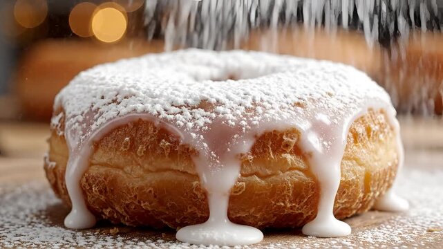 Delicious Cronut Pastry Drizzled with White Glaze and Sprinkled with Powdered Sugar.