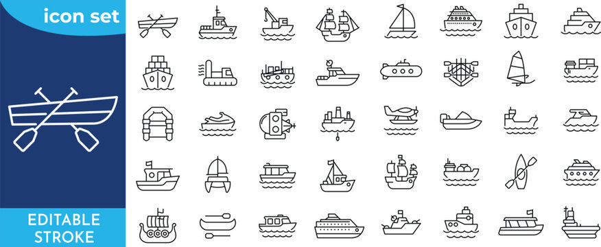 Water Transport line icon set. Editable stroke. Containing ship, yacht, cruise, cargo shipping, ferry, boat, and more.