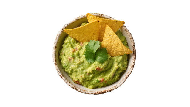 Green guacamole with tortilla chips and cilantro, isolated on transparent background