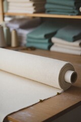 Fototapeta premium Fabric roll on a workshop table with textiles stacked behind