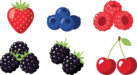 Colorful flat berry fruit icon set featuring strawberry blueberry raspberry blackberry cherry vector collection for healthy food design © MDNUR