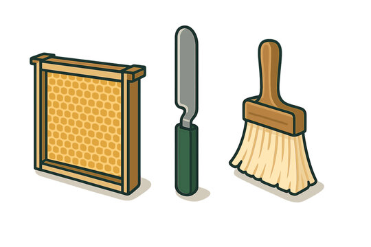 Beekeeping supplies collection with honeycomb frame, hive scraper, and bee brush