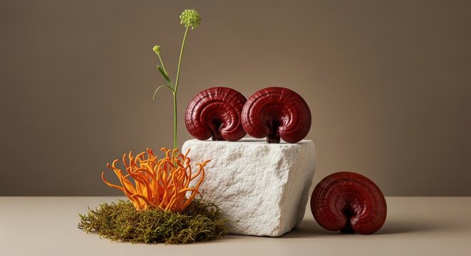 Reishi and cordyceps mushrooms on a stone platform with moss