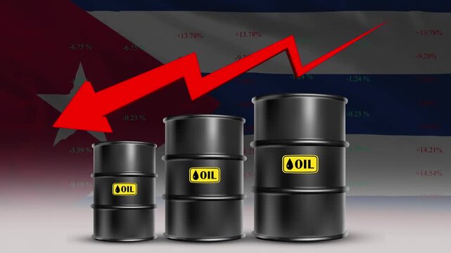 Cuba flag with oil barrels and red downward arrow falling crude prices economic decline