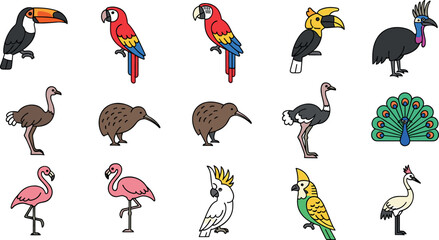 Fototapeta premium Colorful flat bird icon set featuring parrot toucan flamingo peacock kiwi cassowary vector collection for wildlife nature design
