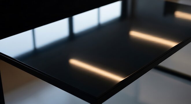 Glossy Black Table Surface with Minimalist Light Reflections
