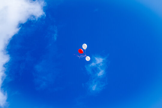 Balloon floating freely in the blue sky. Feeling of freedom and celebration. Balloon group drifting in open sky. Balloon against blue background. Balloon scene with copy space air and festive mood.