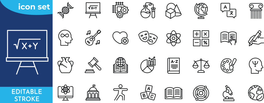 School Subject line icon set. Editable stroke. Contain icons related to school subject, branch of science, or learning material. includes Math, Science, Languages, history, and more.